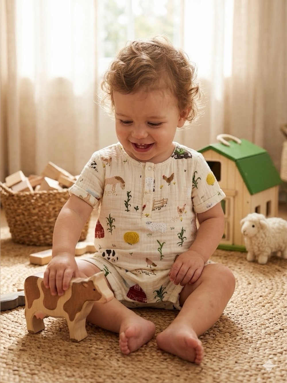 Tullabee Barn Farm Animals Shortie Romper 100% organic cotton muslin 18-24 month